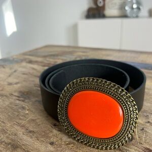 Black Leather Belt with Statement Orange Interchangeable‎ Buckle AS IS